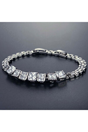 Zirkon Taşlı, Platinyum Kaplama, Paslanmaz Çelik Bileklik 441, Gümüş Renk