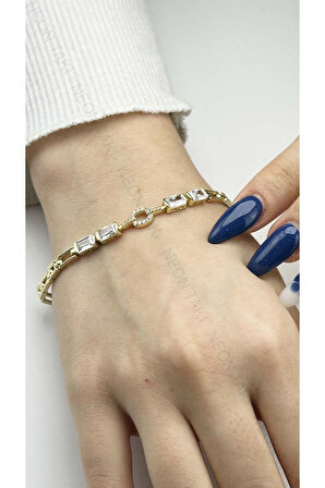 Zirkon Taşlı, Paslanmaz Çelik Bileklik 443, Altın Renk