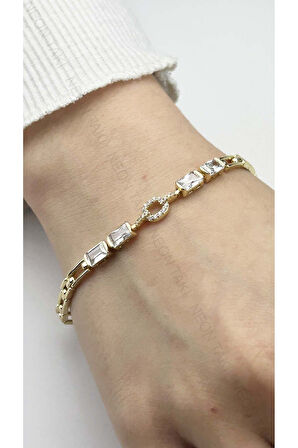 Zirkon Taşlı, Paslanmaz Çelik Bileklik 443, Altın Renk