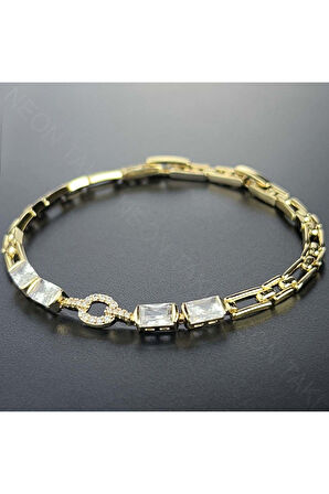 Zirkon Taşlı, Paslanmaz Çelik Bileklik 443, Altın Renk