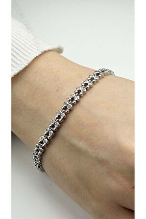 Zirkon Taşlı, Platinyum Kaplama, Paslanmaz Çelik Bileklik 444, Gümüş Renk