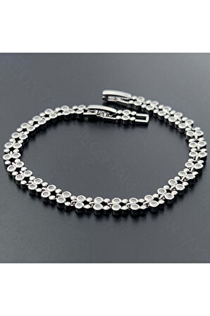 Zirkon Taşlı, Platinyum Kaplama, Paslanmaz Çelik Bileklik 444, Gümüş Renk