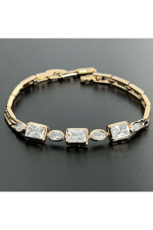 Zirkon Taşlı, Altın Kaplama, Paslanmaz Çelik Bileklik 445, Pembe (ROSE) Renk