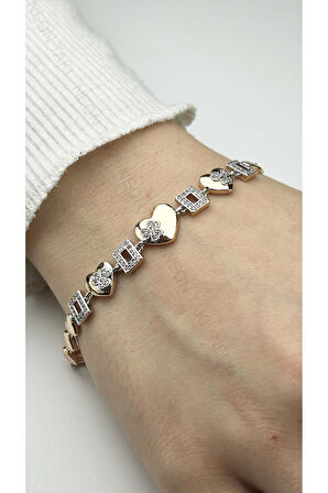 Zirkon Taşlı, Kalp Ve Yonca, Paslanmaz Çelik Bileklik 448, Pembe Altın Rengi