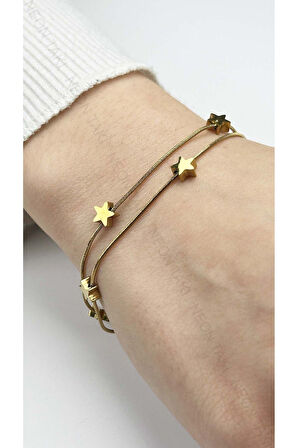 Çift Zincirli, Yıldızlı, Paslanmaz Çelik Zincir Bileklik 449, Altın Renk