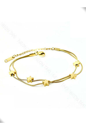 Çift Zincirli, Yıldızlı, Paslanmaz Çelik Zincir Bileklik 449, Altın Renk