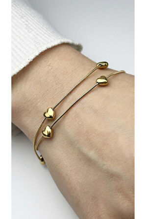 Çift Zincirli, Kalp Figürlü, Paslanmaz Çelik Zincir Bileklik 451, Altın Renk