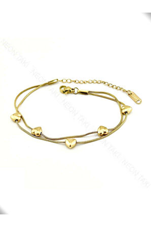 Çift Zincirli, Kalp Figürlü, Paslanmaz Çelik Zincir Bileklik 451, Altın Renk