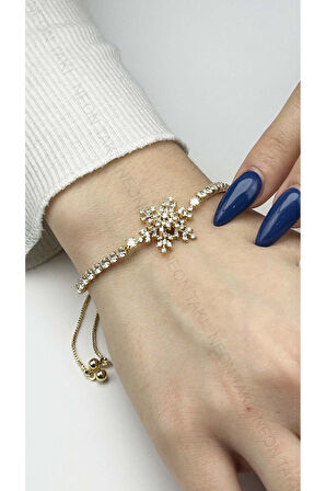 Zirkon Taşlı, Kar Tanesi, Asansörlü, Paslanmaz Çelik Bileklik 463, Altın Renk