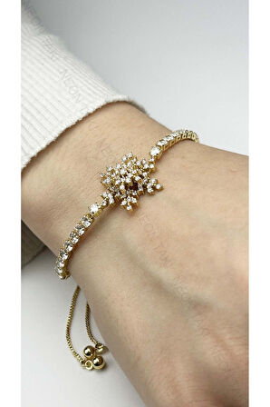 Zirkon Taşlı, Kar Tanesi, Asansörlü, Paslanmaz Çelik Bileklik 463, Altın Renk