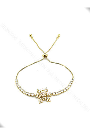 Zirkon Taşlı, Kar Tanesi, Asansörlü, Paslanmaz Çelik Bileklik 463, Altın Renk