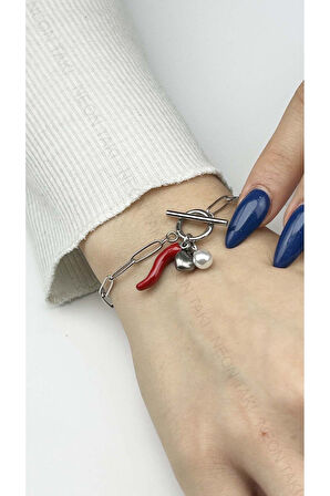 İnci, Kalp, Napoli Kırmızı Boynuz Paslanmaz Çelik Bileklik 466 Gümüş Renk