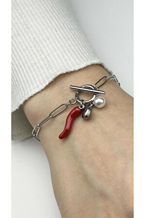 İnci, Kalp, Napoli Kırmızı Boynuz Paslanmaz Çelik Bileklik 466 Gümüş Renk