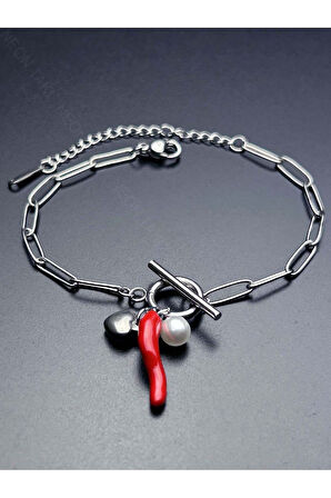 İnci, Kalp, Napoli Kırmızı Boynuz Paslanmaz Çelik Bileklik 466 Gümüş Renk