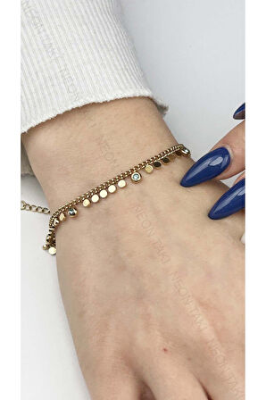 Mavi Taşlı, Pullu Zincir Bileklik 467, Altın Renk