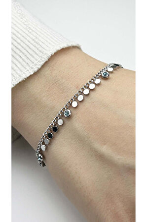 Mavi Taşlı, Pullu Zincir Bileklik 468, Gümüş Renk