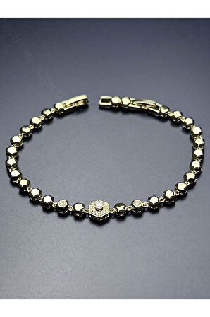 Zirkon Taşlı, Petek, Altın Kaplama, Paslanmaz Bileklik 470, Altın Renk