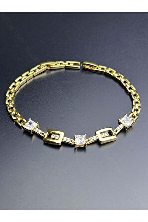 Zirkon Taşlı, Altın Kaplama, Paslanmaz Bileklik 471, Altın Renk