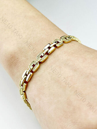 Zirkon Taşlı, Altın Kaplama, Çelik Bileklik 472, Altın Renk