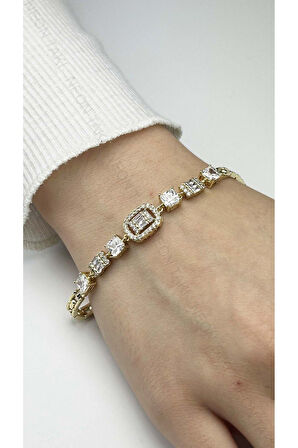 Zirkon Taşlı, Altın Kaplama, Paslanmaz Bileklik 474, Altın Renk