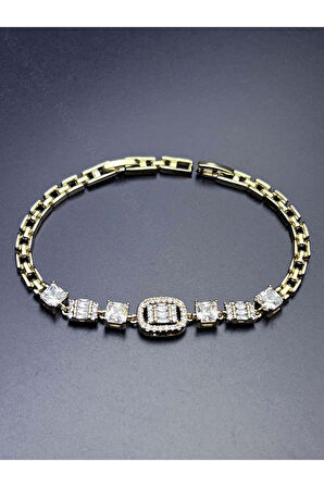 Zirkon Taşlı, Altın Kaplama, Paslanmaz Bileklik 474, Altın Renk