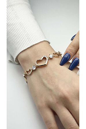 Zirkon Taşlı, Altın Kaplama, Kalp, Paslanmaz Bileklik 475, Pembe (Rose) Renk