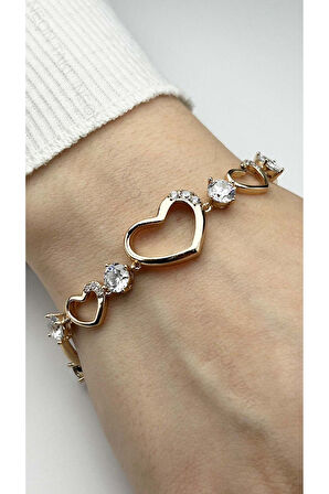 Zirkon Taşlı, Altın Kaplama, Kalp, Paslanmaz Bileklik 475, Pembe (Rose) Renk