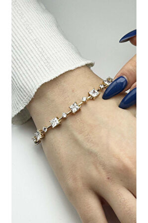 Zirkon Taşlı, Altın Kaplama, Paslanmaz Bileklik 476, Pembe (ROSE) Renk