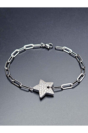 Zirkon Taşlı, Gümüş Kaplama, Yıldız , Paslanmaz Bileklik 477, Gümüş Renk