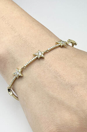 Zirkon Taşlı, Yıldız, Altın Kaplama, Paslanmaz Çelik Bileklik 483, Altın Renk