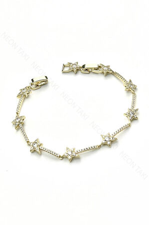 Zirkon Taşlı, Yıldız, Altın Kaplama, Paslanmaz Çelik Bileklik 483, Altın Renk