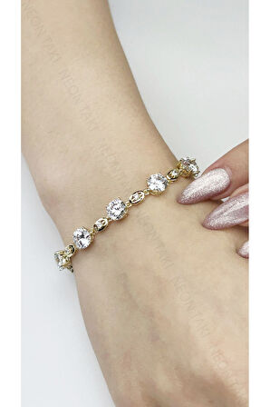 Zirkon Taşlı, Altın Kaplama, Paslanmaz Çelik Bileklik 485, Altın Renk