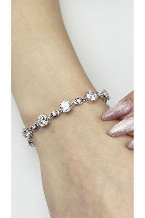 Zirkon Taşlı, Platin Kaplama, Paslanmaz Çelik Bileklik 486, Gümüş Renk