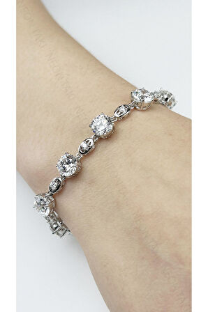 Zirkon Taşlı, Platin Kaplama, Paslanmaz Çelik Bileklik 486, Gümüş Renk