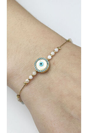 Nazar Boncuğu, Beyaz Taşlı, Paslanmaz Çelik Bileklik 490, Altın Renk