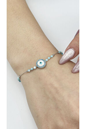 Nazar Boncuğu, Mavi Taşlı, Paslanmaz Çelik Bileklik 491, Gümüş Renk