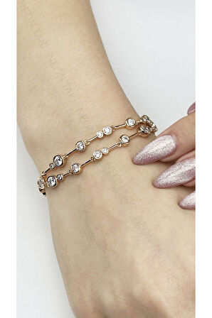 Zirkon Taşlı, Altın Kaplama, Paslanmaz Çelik Bileklik 492, Rose Renk