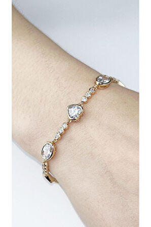 Zirkon Taşlı, Altın Kaplama, Paslanmaz Çelik Bileklik 494, Rose Renk