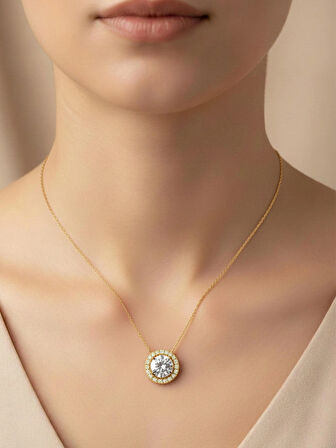 (ÇANTALI KUTU) 925 Ayar Gümüş Yuvarlak Zirkon Taşlı Kadın Kolye