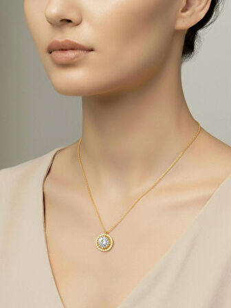 (ÇANTALI KUTU) 925 Ayar Gümüş Yuvarlak Zirkon Taşlı Kadın Kolye