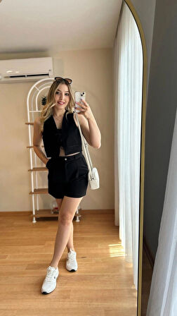 Kadın Keten Şortlu Takım ZR Marka Model Siyah