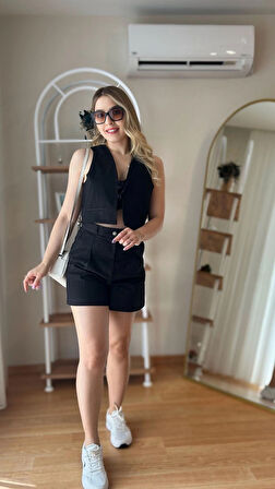 Kadın Keten Şortlu Takım ZR Marka Model Siyah