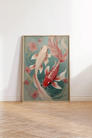 Ahşap Çerçeveli Tablo, Koi Balıkları İllüstrasyonu, Salon Dekoru Poster No: 112383