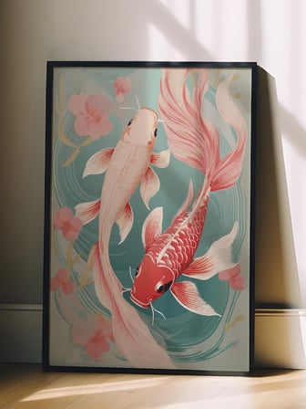 Siyah Çerçeveli Tablo, Koi Balıkları İllüstrasyonu, Salon Dekoru Poster No: 112383