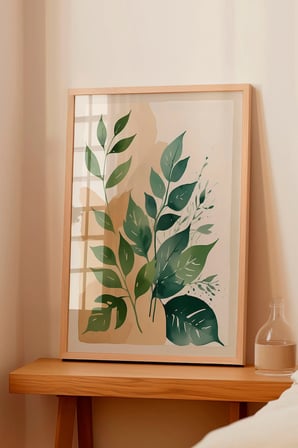 Ahşap Çerçeveli Tablo, Yeşil Yapraklı Minimal Bitki, Salon Dekoru Poster No: 100207