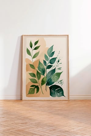 Ahşap Çerçeveli Tablo, Yeşil Yapraklı Minimal Bitki, Salon Dekoru Poster No: 100207