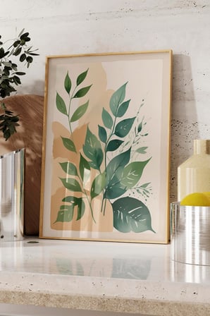 Ahşap Çerçeveli Tablo, Yeşil Yapraklı Minimal Bitki, Salon Dekoru Poster No: 100207