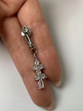 Çelik Göbek Piercing Mıknatıslı Deliksiz Kullanım Sıkıştırmalı Çiçek Sallantılı Uzun Model