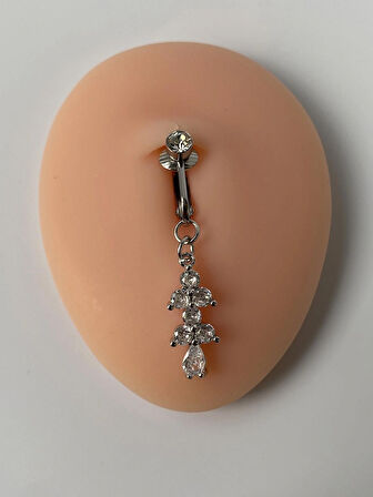 Çelik Göbek Piercing Mıknatıslı Deliksiz Kullanım Sıkıştırmalı Çiçek Sallantılı Uzun Model