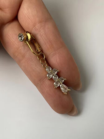 Çelik Göbek Piercing Mıknatıslı Deliksiz Kullanım Sıkıştırmalı Çiçek Sallantılı Uzun Model